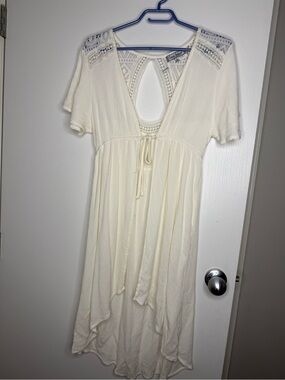Crave Fame Ivory Woven Yoke Tie-Front Boho Midi Dress Large